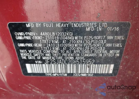 2016 Subaru Forester 2.5I Premium from USA, damaged, VIN JF2SJADC2GH515952